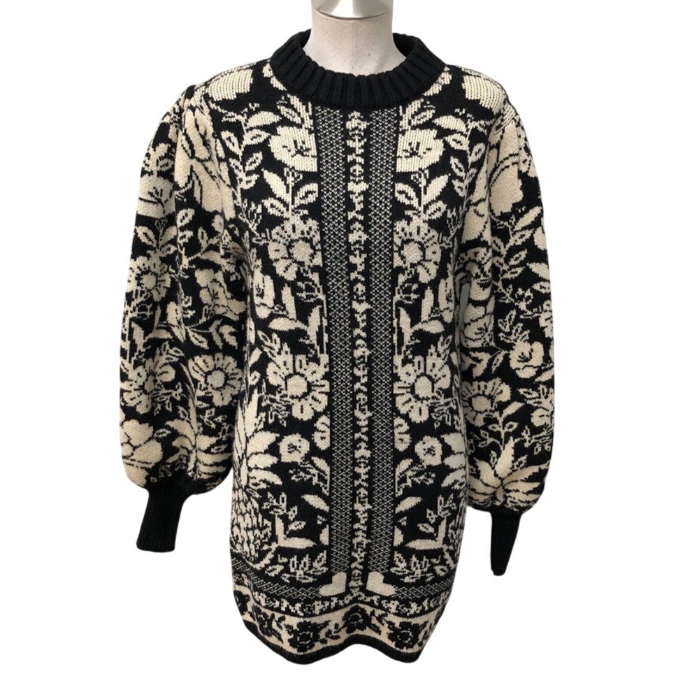 Farm Rio Pineapple Garden Sweater Dress Womens XS Black Cream Floral Puff Sleeve
